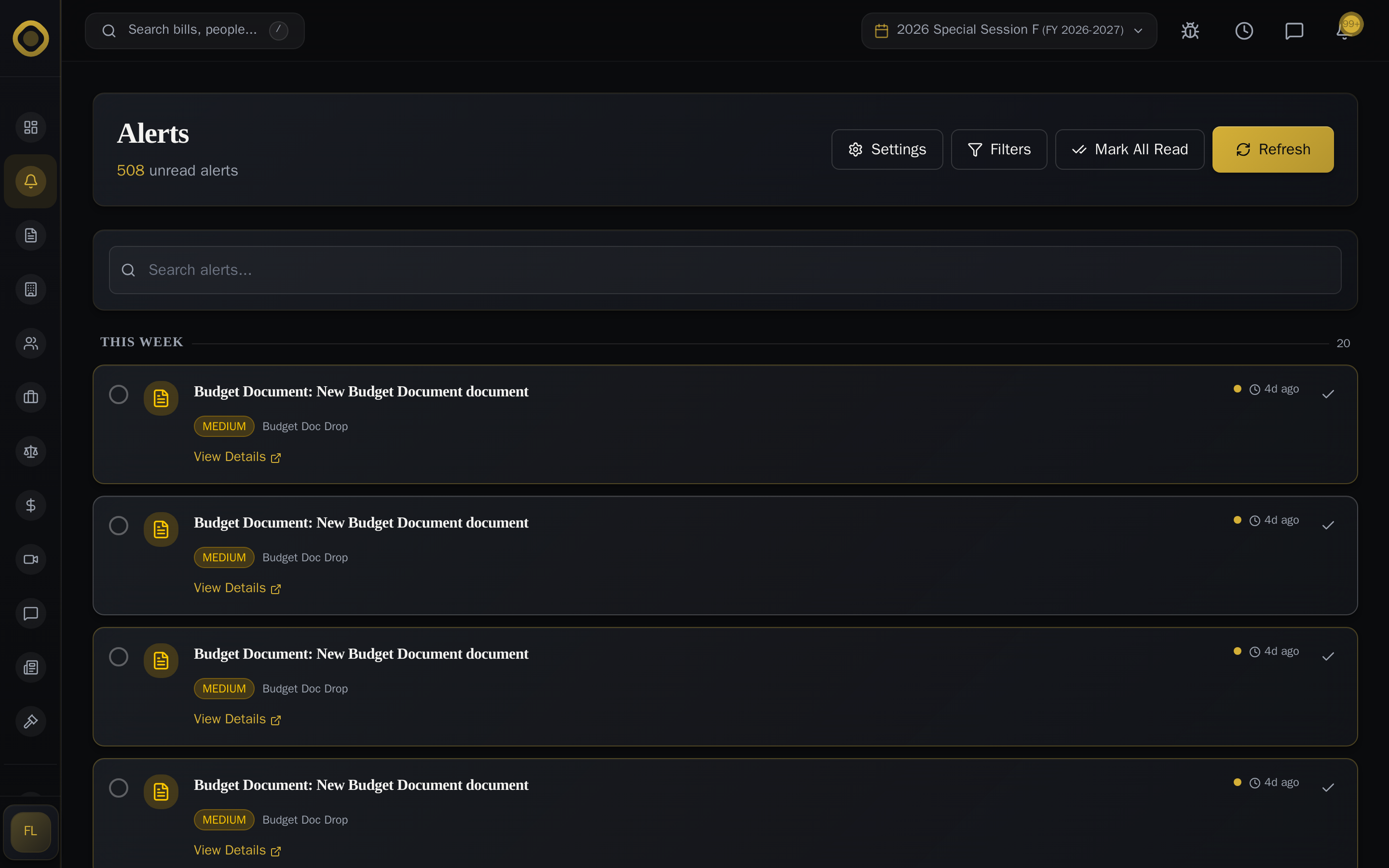 Alerts feed — 508 unread alerts with severity, source, dismiss controls