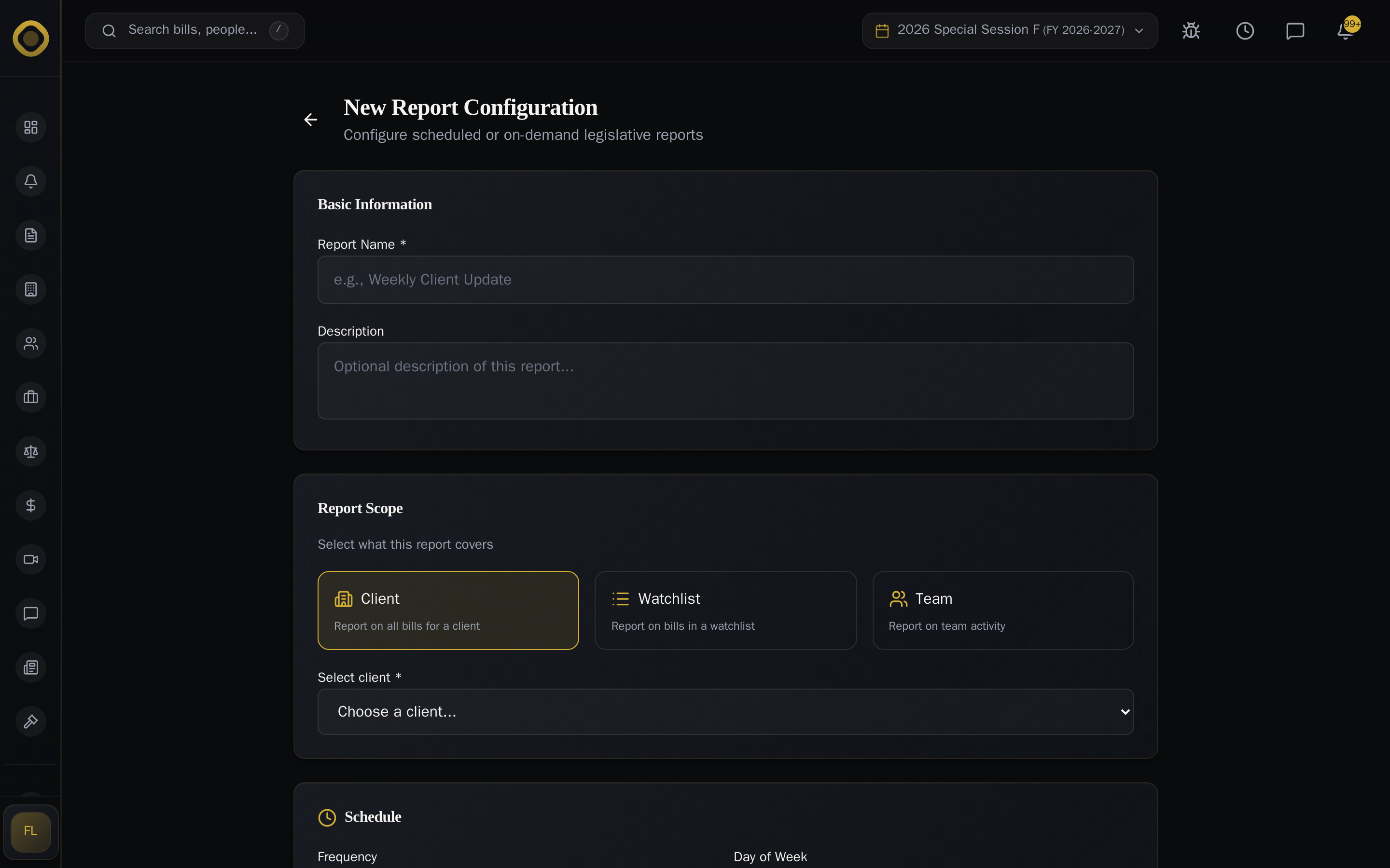 New Report Configuration — report builder with scope, schedule, delivery