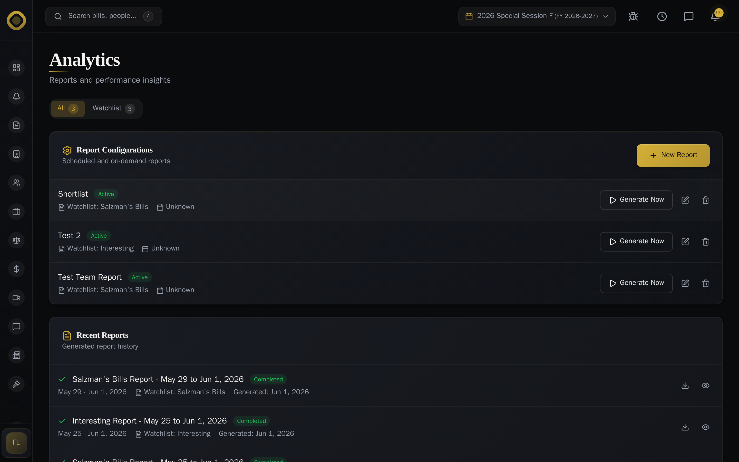 Analytics dashboard — report configurations and recent generated reports