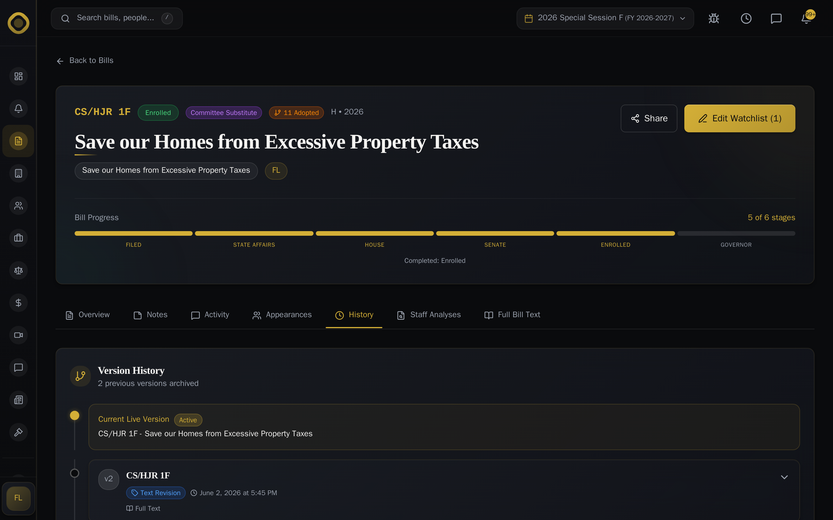 Bill detail History tab — version history with text revisions tracked over time