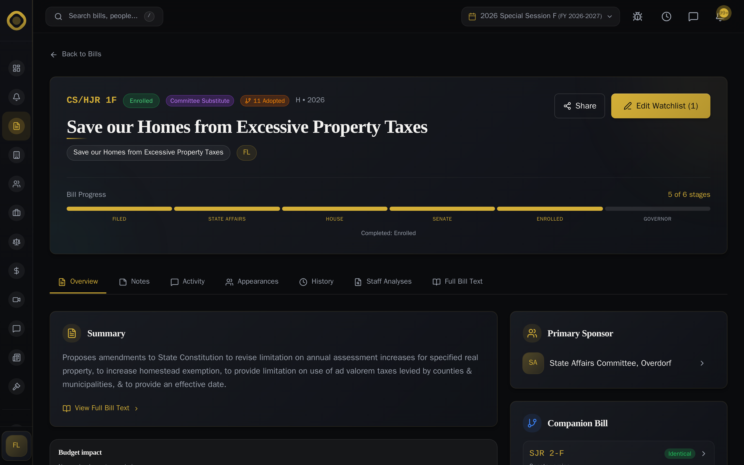 Bill detail Overview tab — CS/HJR 1F with progress bar, sponsor, companion bill