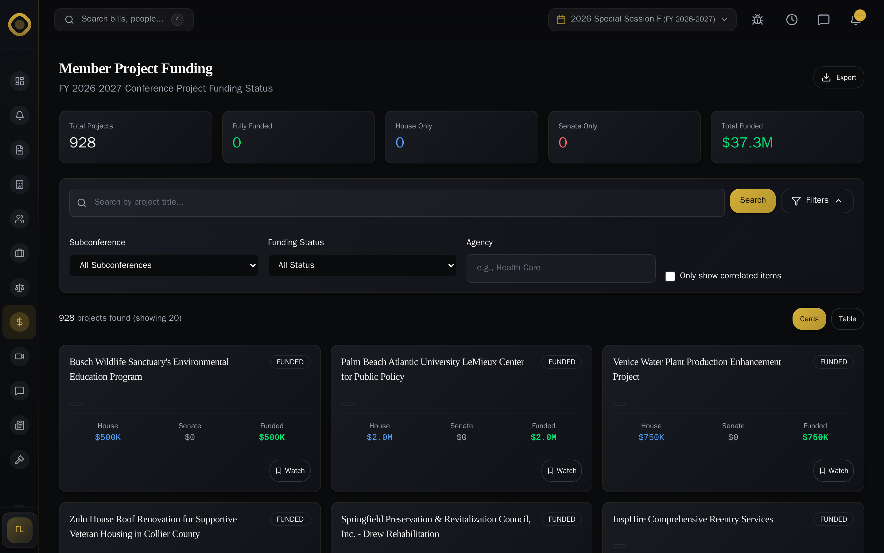 Member projects browser — every legislator's local funding requests