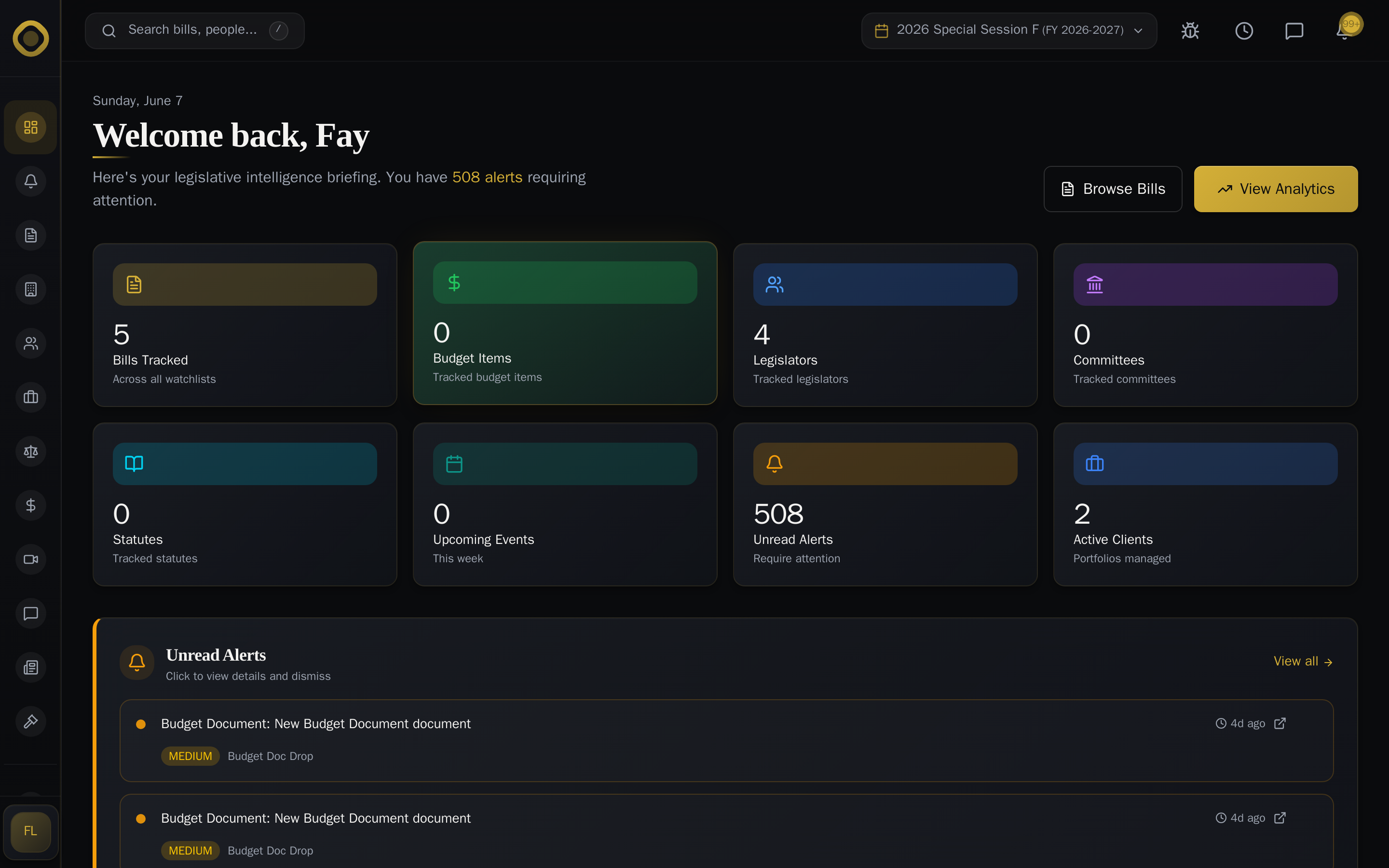 LobbyScape dashboard — 5 bills tracked, 4 legislators, 508 unread alerts, real client portfolios