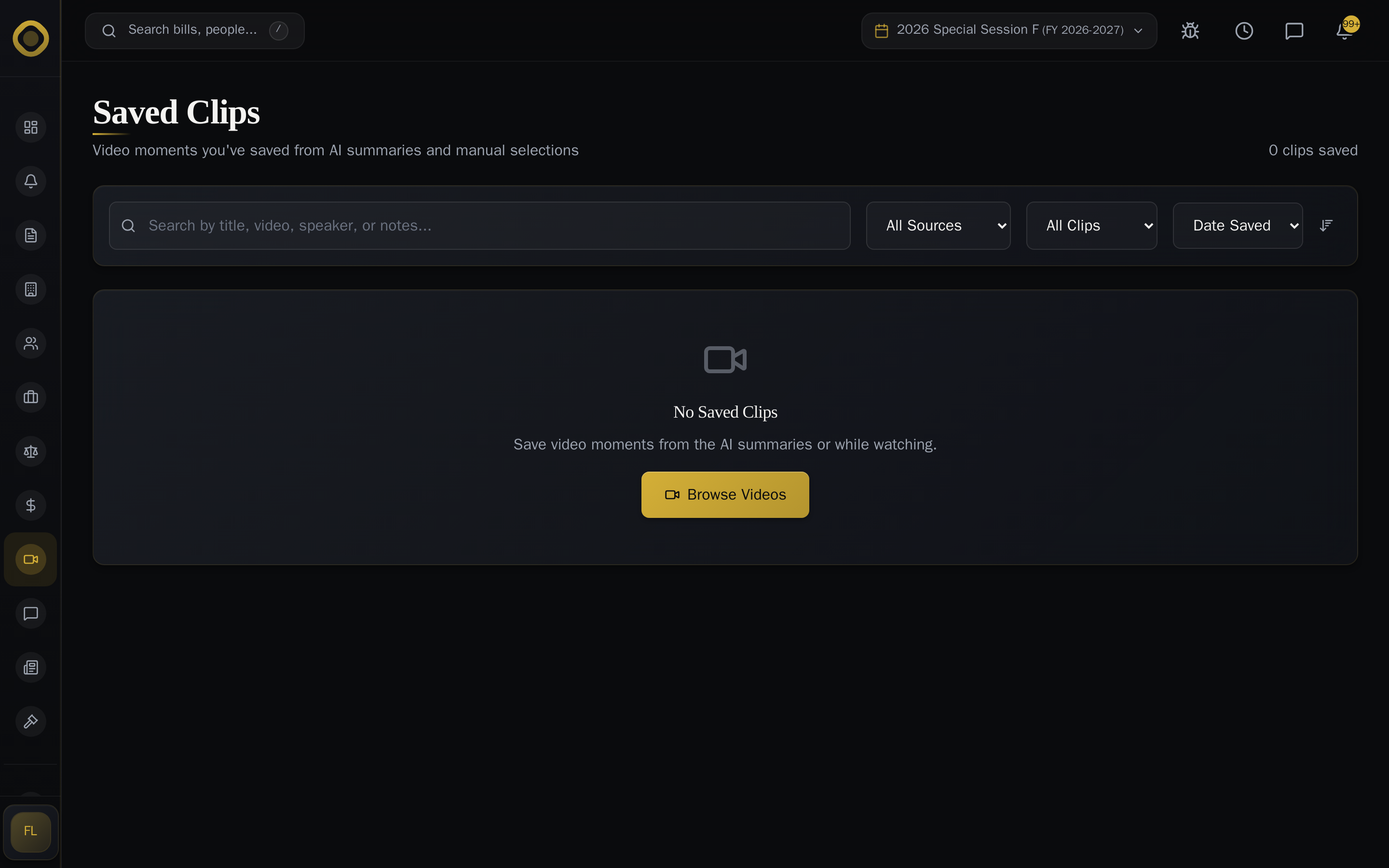 Saved clips library — bookmark and share specific moments