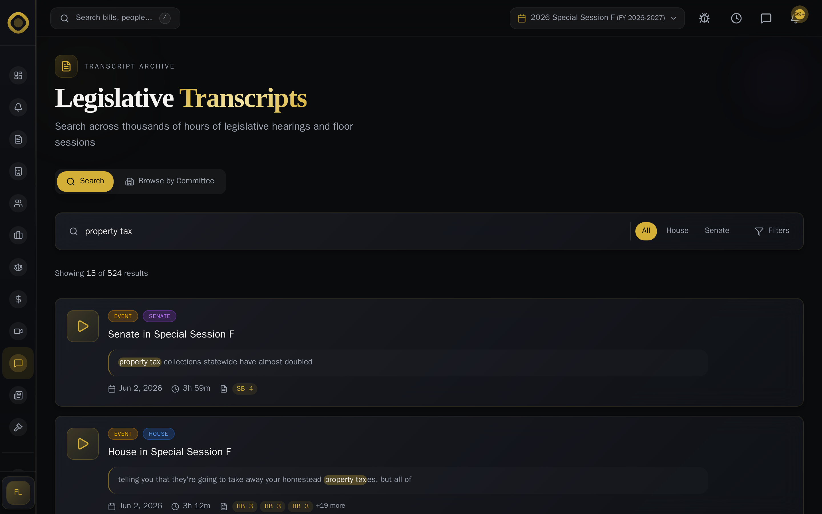 Transcript search — search across thousands of hours of legislative hearings