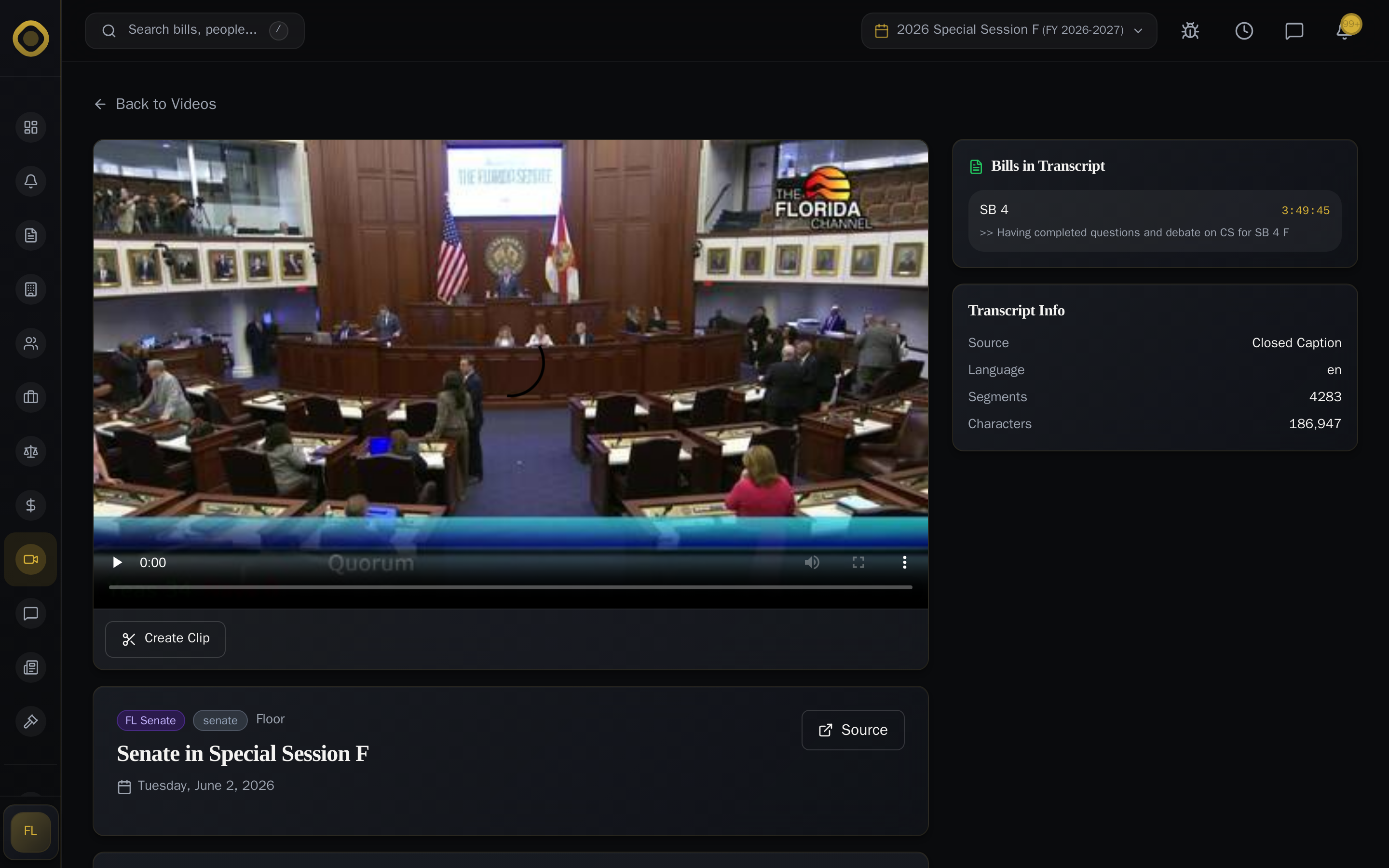 Video detail page — official video player with bills called out at video timestamps and full transcript info