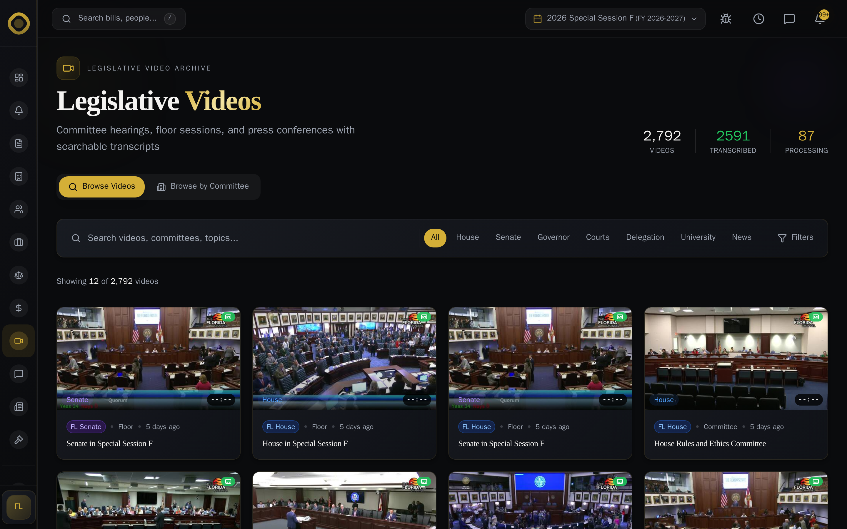 official hearing video library — 2,792 videos, 2,591 transcribed, with chamber filters