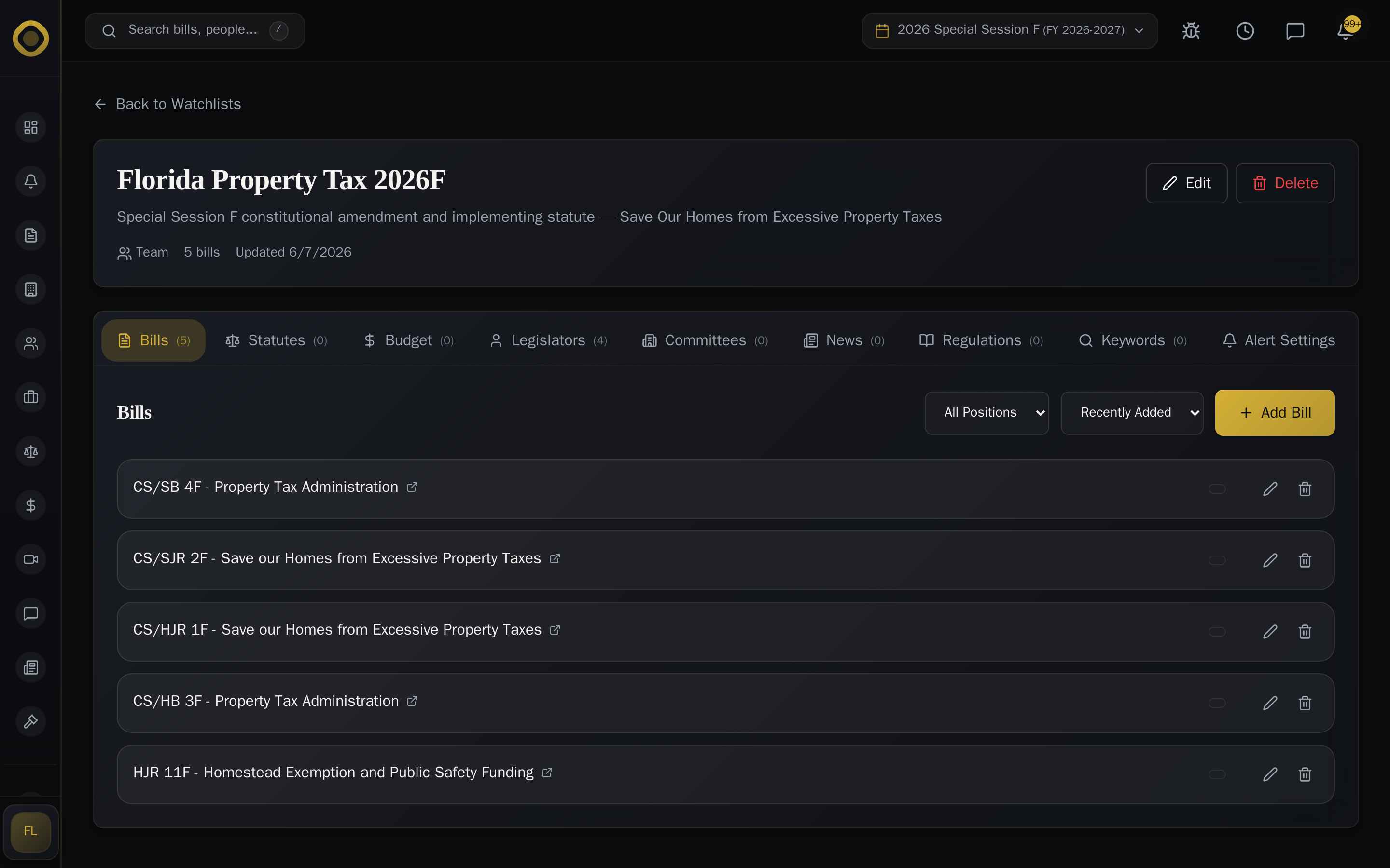 Watchlist detail — bills tab with 5 tracked property tax bills