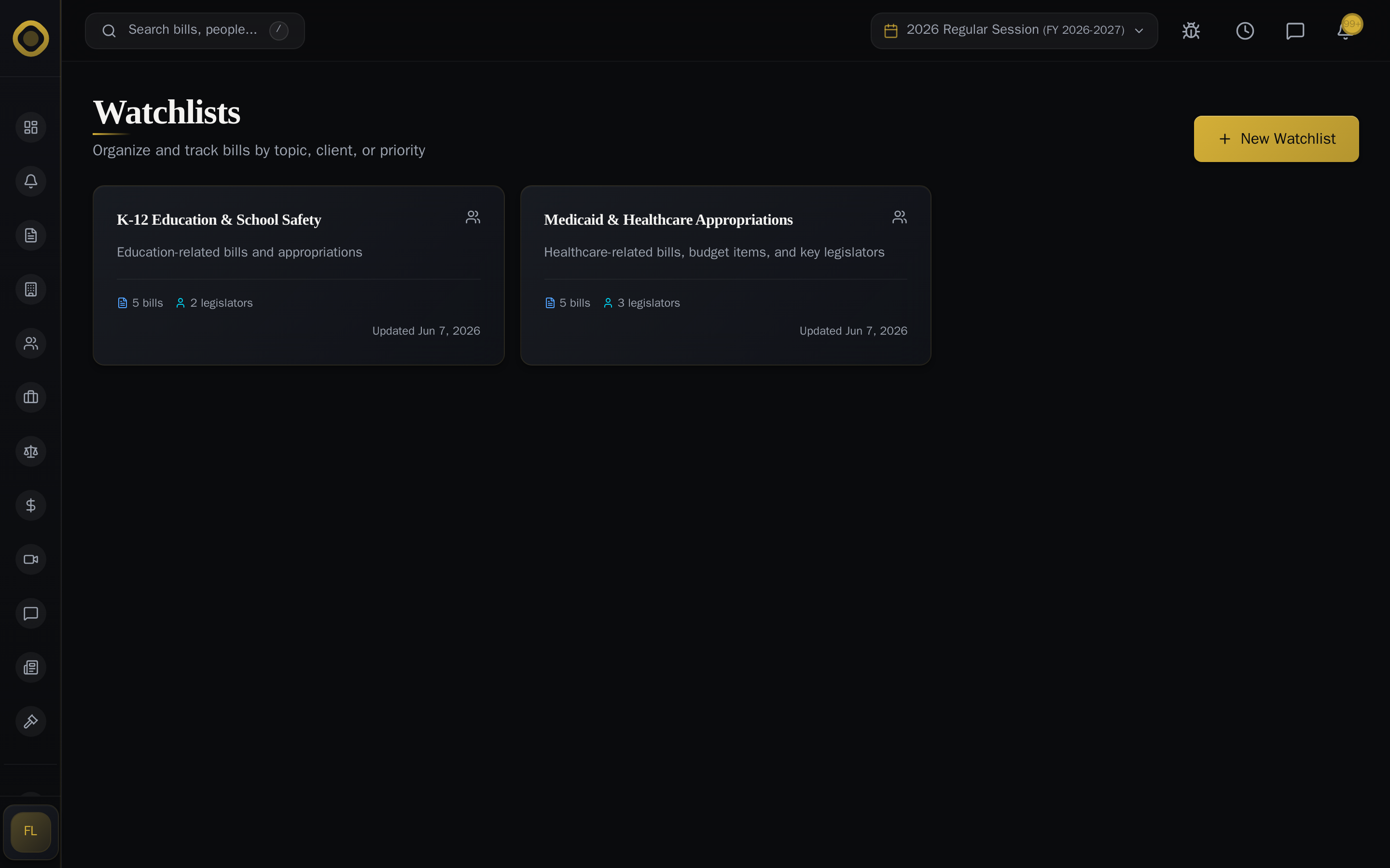 Watchlists dashboard — multiple watchlists organized by topic with counts
